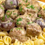 This meatball stroganoff is a quick slow cooker meal. Cooks in 3 hours. Make the meatballs ahead or use store-bought frozen in a pinch.