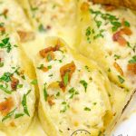 Delicious shells stuffed with a chicken carbonara flavored stuffing and baked in a rich cheesy alfredo sauce