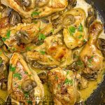 Delicious and quick sauteed chicken in wine sauce with mushrooms