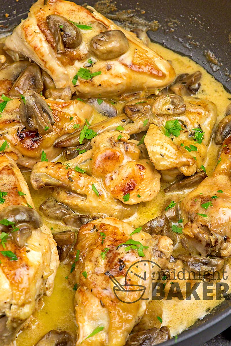 Delicious and quick sauteed chicken in wine sauce with mushrooms