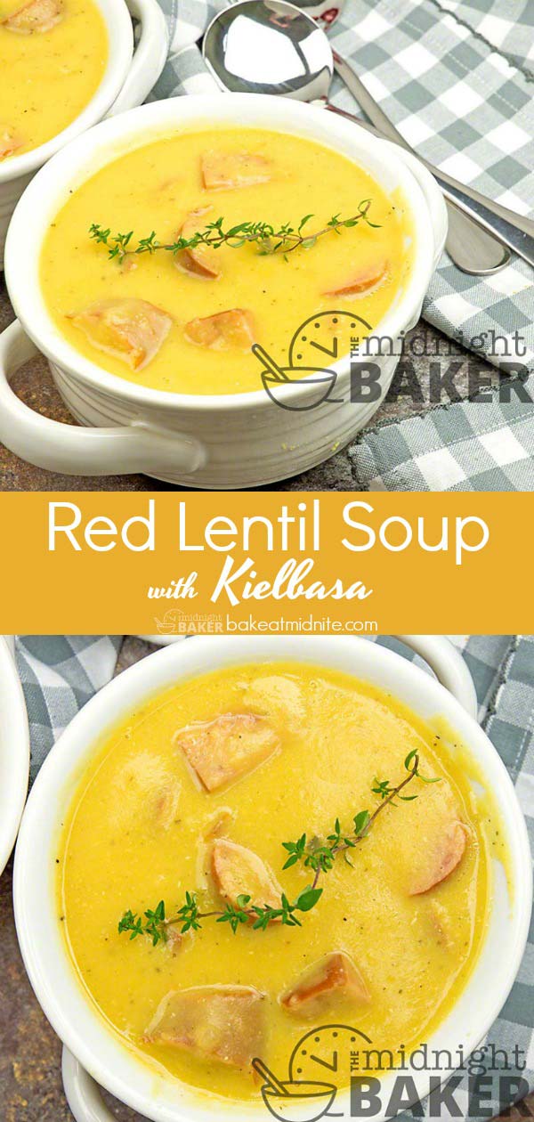 Red lentil soup is a comforting meal on a chilly night. Even better when you add kielbasa!