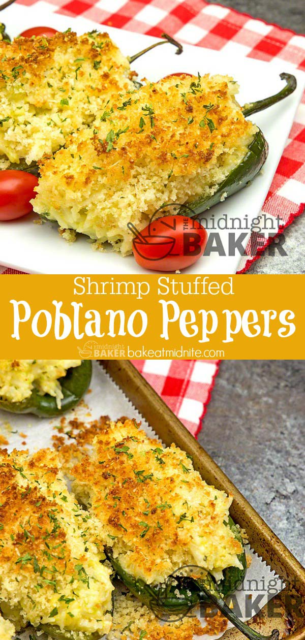 Tangy poblano peppers stuffed with a shrimp, rice and cheese make a perfect appetizer that can also double as a main course.
