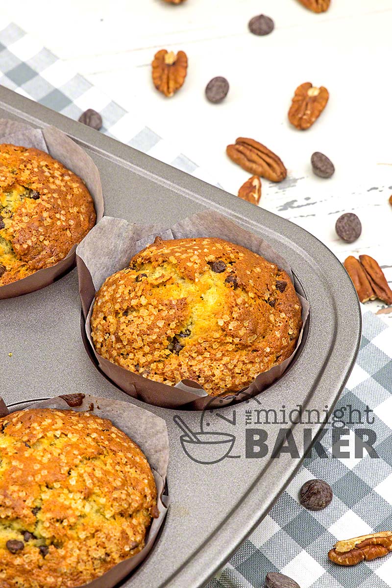 Dress up ordinary banana muffins with chocolate and pecans. Delicious!