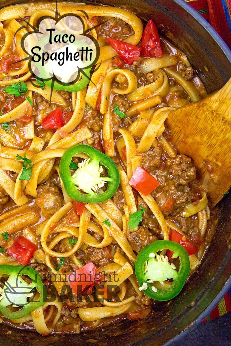 Think taco out of the shell. Taco spaghetti cooks all in one pot and is done in less than 30 minutes.