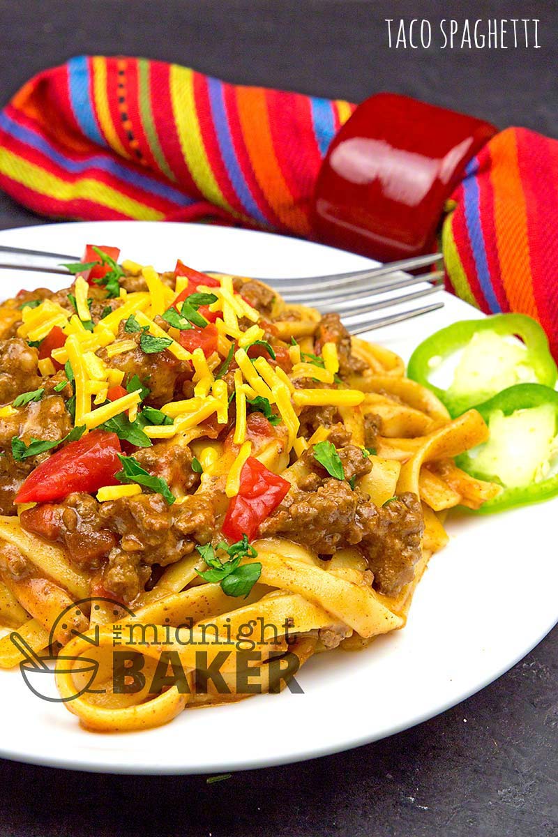 Think taco out of the shell. Taco spaghetti cooks all in one pot and is done in less than 30 minutes.