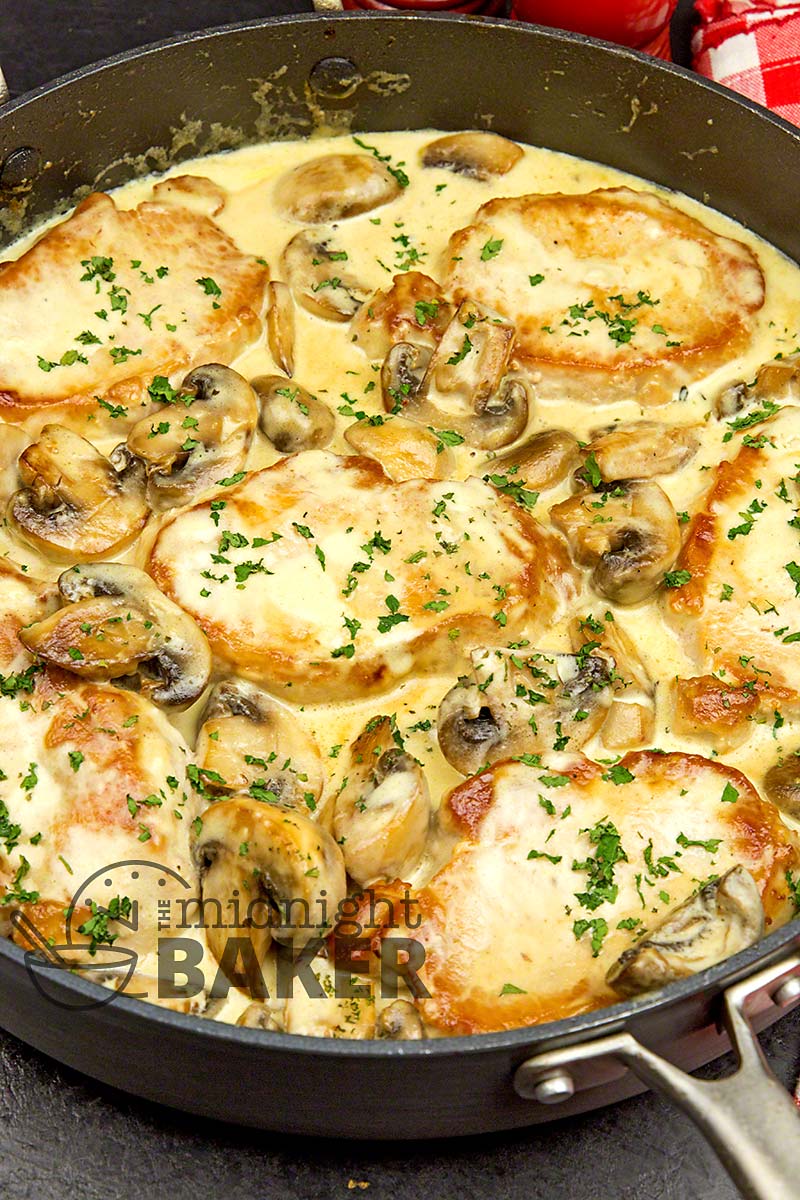 Pork chops with a creamy mushroom gravy cooks all in the same pan!