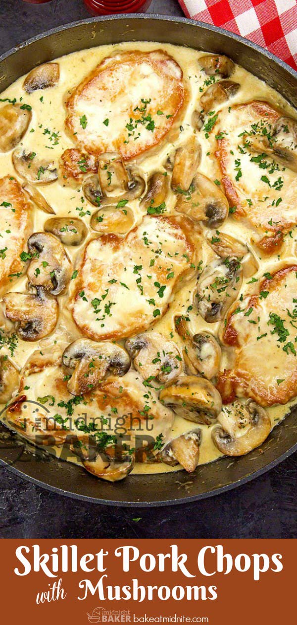 Pork chops with a creamy mushroom gravy cooks all in the same pan!