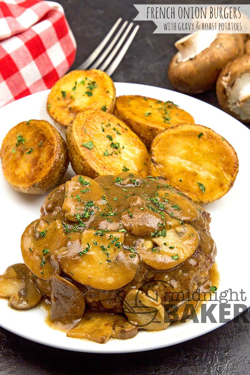 Classic comfort food! Delicious oniony burgers with gravy and roast potatoes. Nothing else necessary/