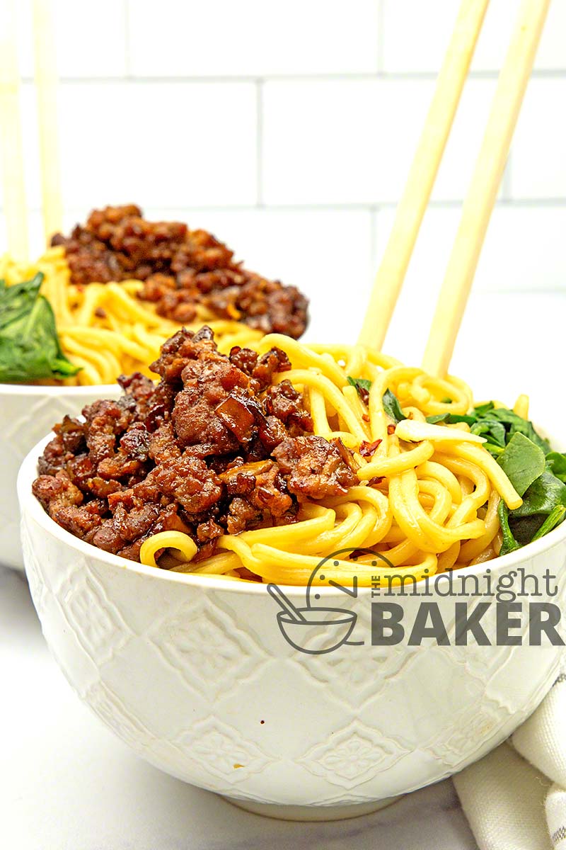 Skip takeout and make these dan dan noodles at home. Your choice of chicken or pork--delicious either way.