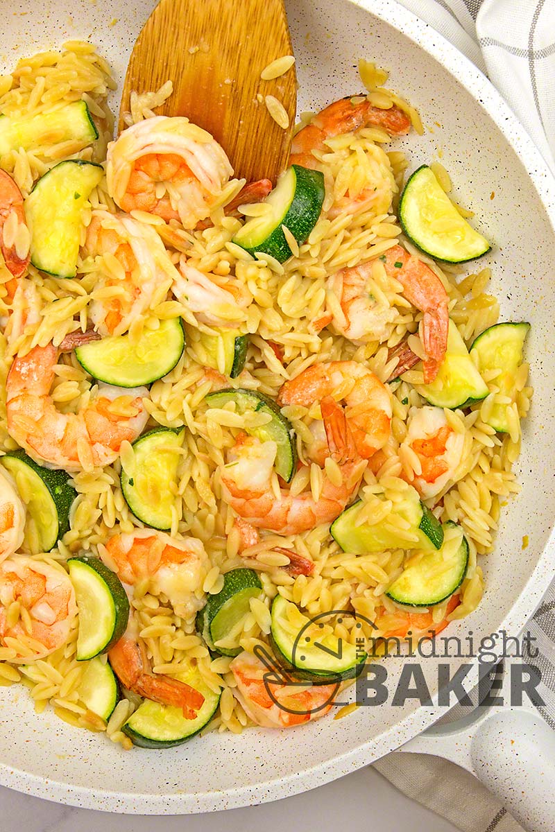 Shrimp and zucchini with orzo is a great one-pan meal.